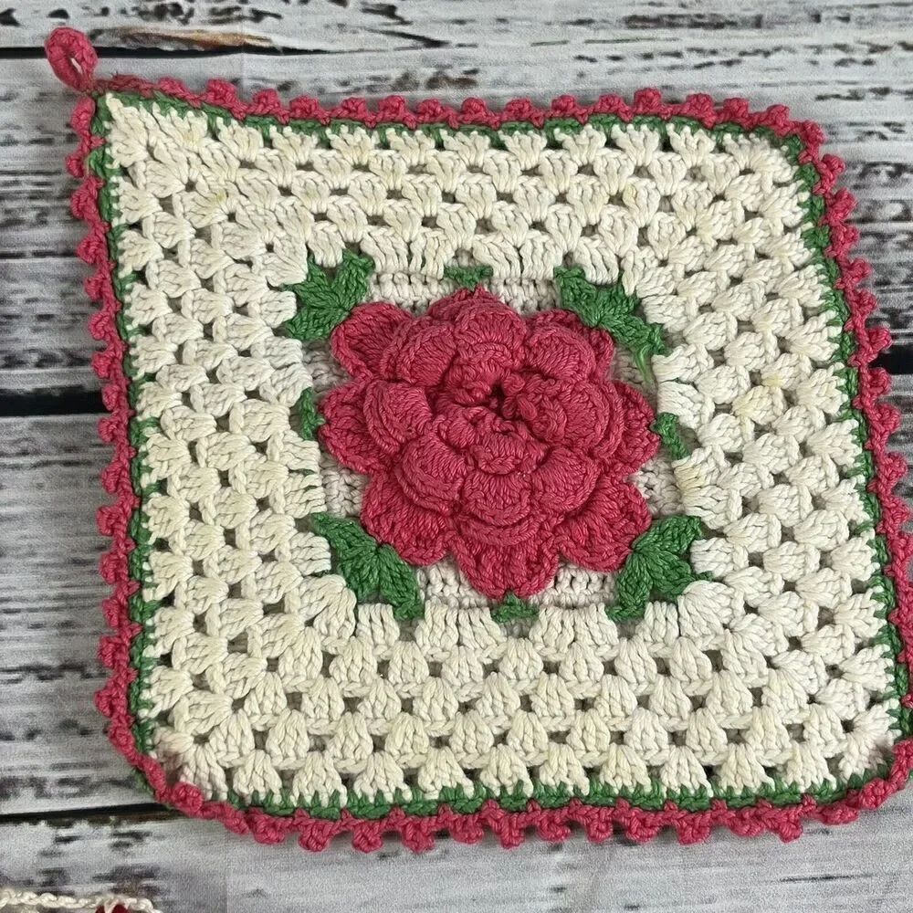 Vintage Lot of 3 Crochet Granny Squares Blanket Afgan Squares Pink & Red Flowers